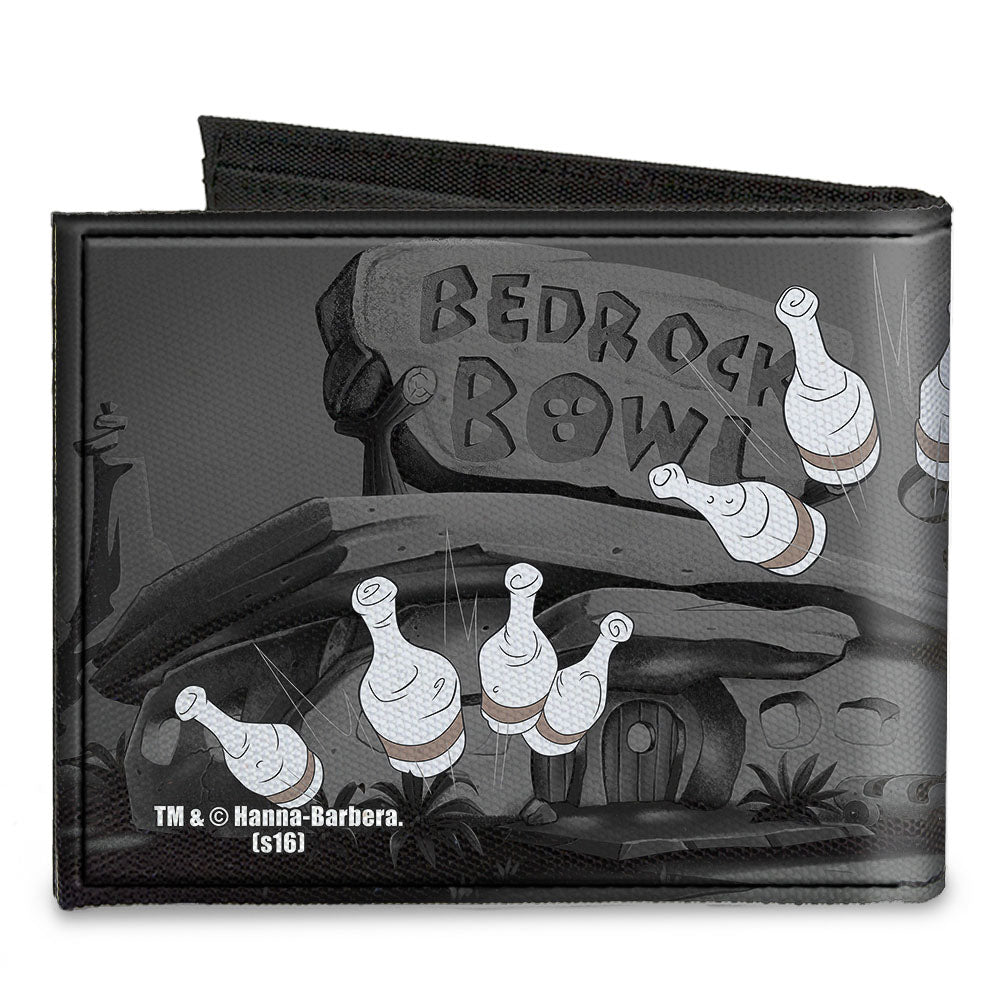 Canvas Bi-Fold Wallet - Fred Bowling Pose + BEDROCK BOWL Bowling Pins Black Grays Canvas Bi-Fold Wallets The Flintstones   