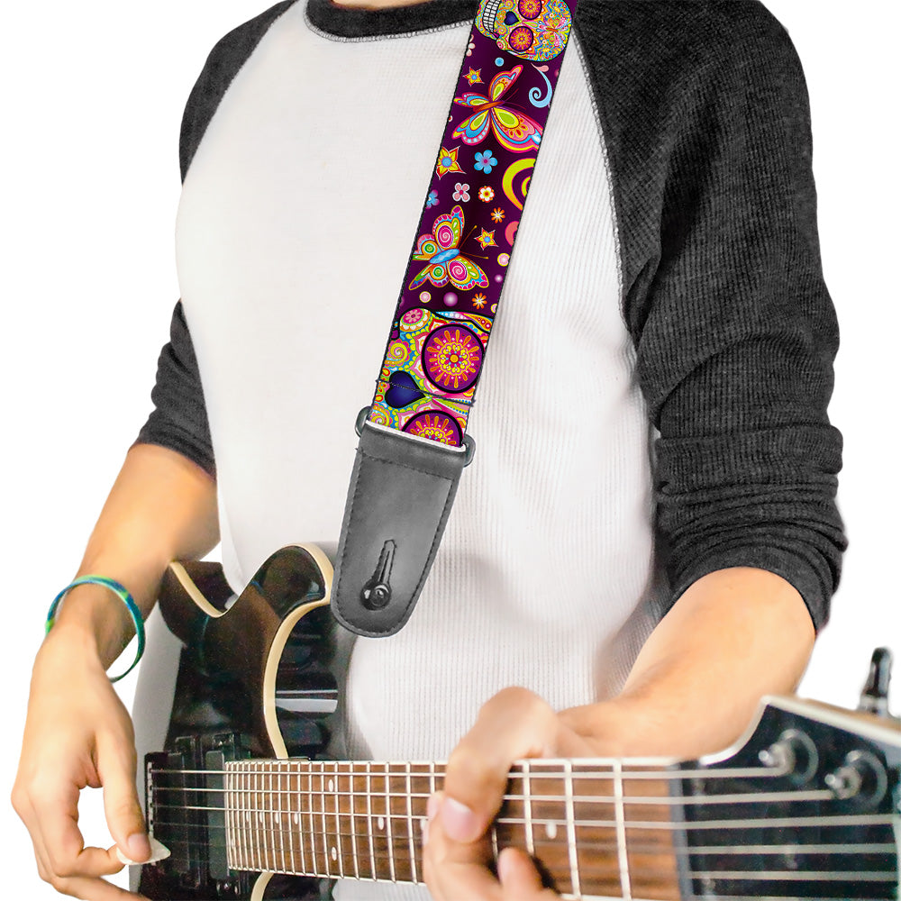 Guitar Strap - Mariposa Calaveras Butterflies Flowers Burgundy Multi Color Guitar Straps Thaneeya McArdle   
