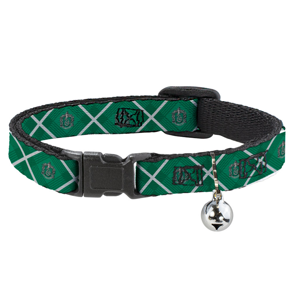 Cat Collar Breakaway with Bell - Harry Potter Slytherin Crest Plaid Greens/Gray Breakaway Cat Collars Harry Potter