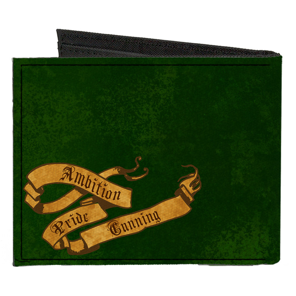 Canvas Bi-Fold Wallet - SLYTHERIN Serpent Crest + AMBITION PRIDE CUNNING Banner Greens Golds Canvas Bi-Fold Wallets Harry Potter