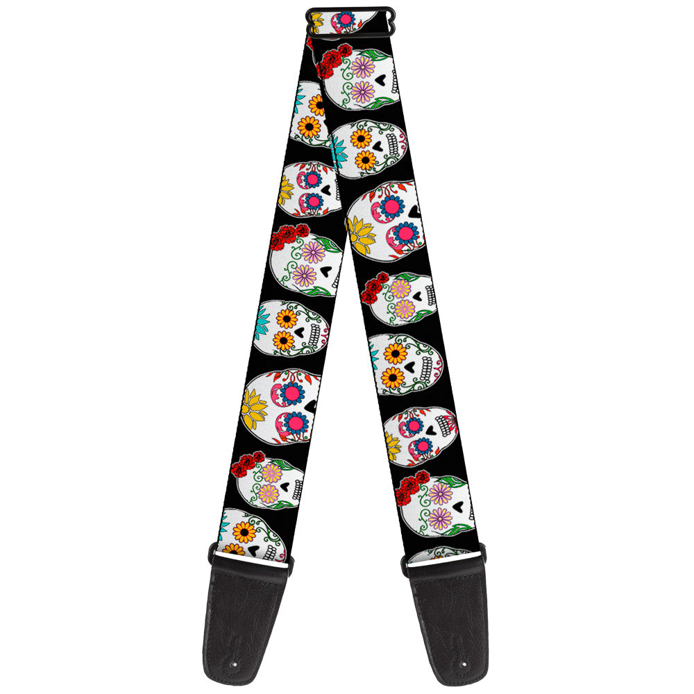 Guitar Strap - Sugar Skull Outline Black Multi Color Guitar Straps Buckle-Down   