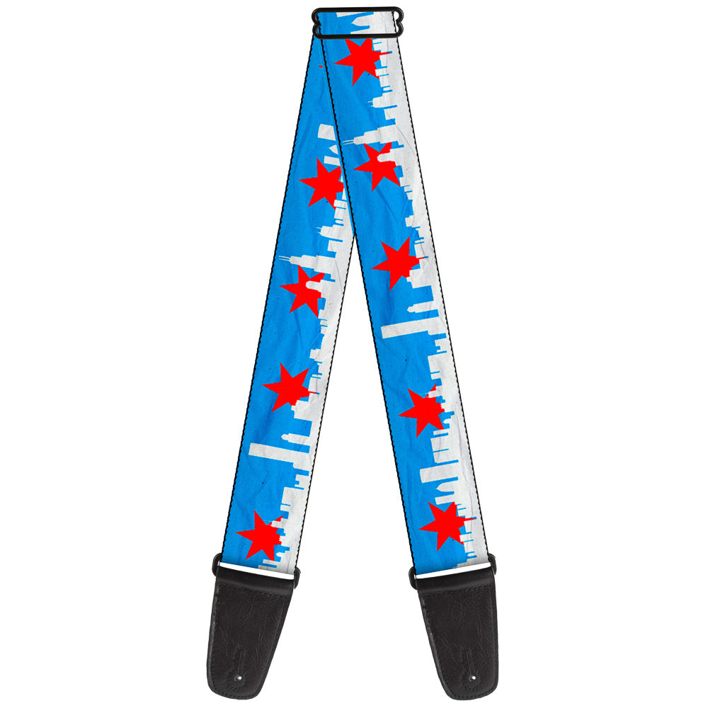 Guitar Strap - Chicago Skyline Flag Distressed Black White Red Guitar Straps Buckle-Down   