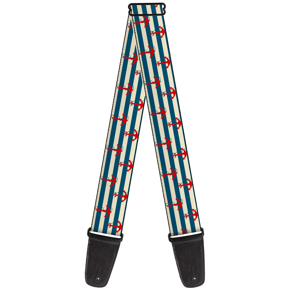 Guitar Strap - Anchors w Stripes White Blue Red Guitar Straps Buckle-Down   