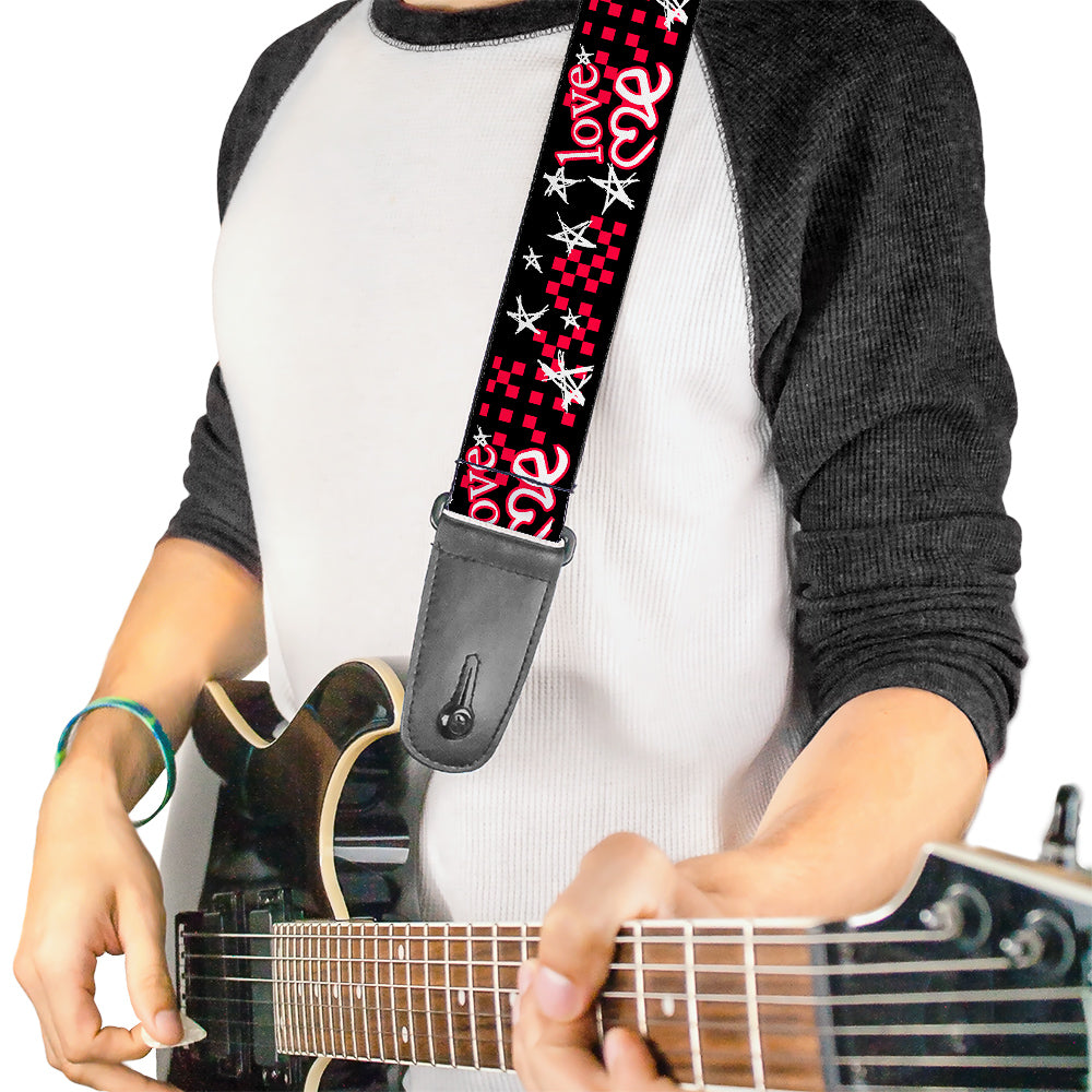 Guitar Strap - Love Me w Sketch Stars & Checkers Black Fuchsia White Guitar Straps Buckle-Down   