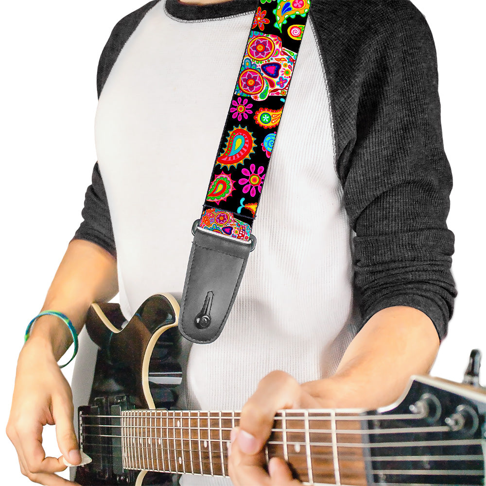 Guitar Strap - Bobo Sugar Skull Paisley Black Multi Color Guitar Straps Thaneeya McArdle   