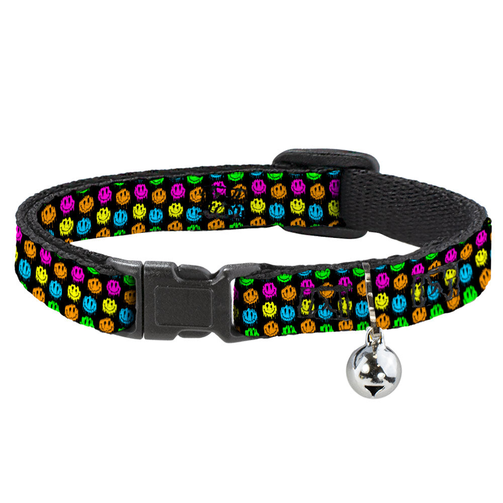 Cat Collar Breakaway with Bell - Smiley Faces Melted Mini Repeat Black Multi Neon Breakaway Cat Collars Buckle-Down   