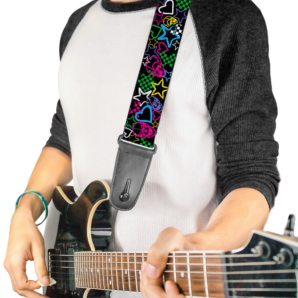 Guitar Strap - Sketch Skull Star Heart Checker Black Multi Guitar Straps Buckle-Down   