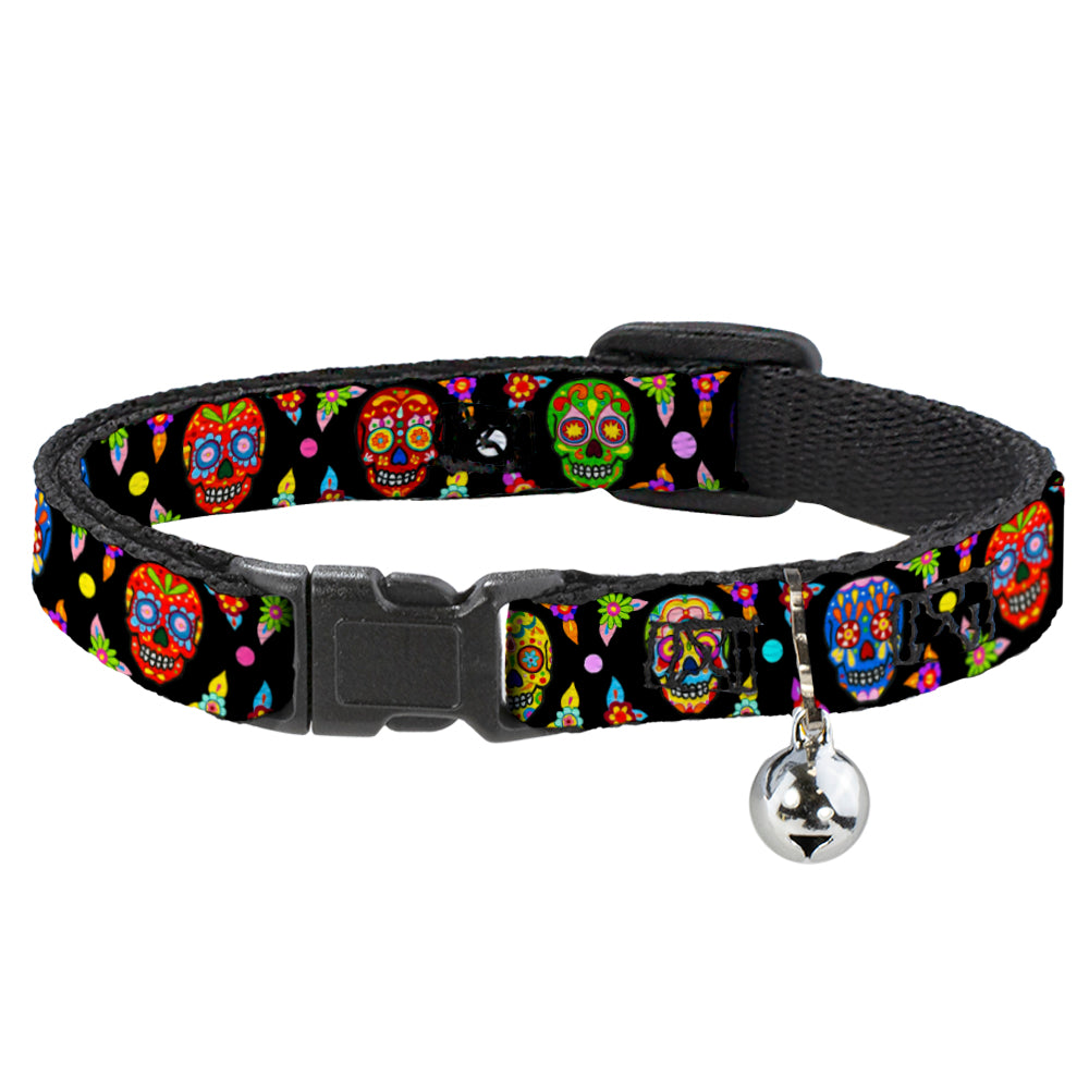 Cat Collar Breakaway with Bell - Colorful Calaveras Black Multi Color Breakaway Cat Collars Thaneeya McArdle   