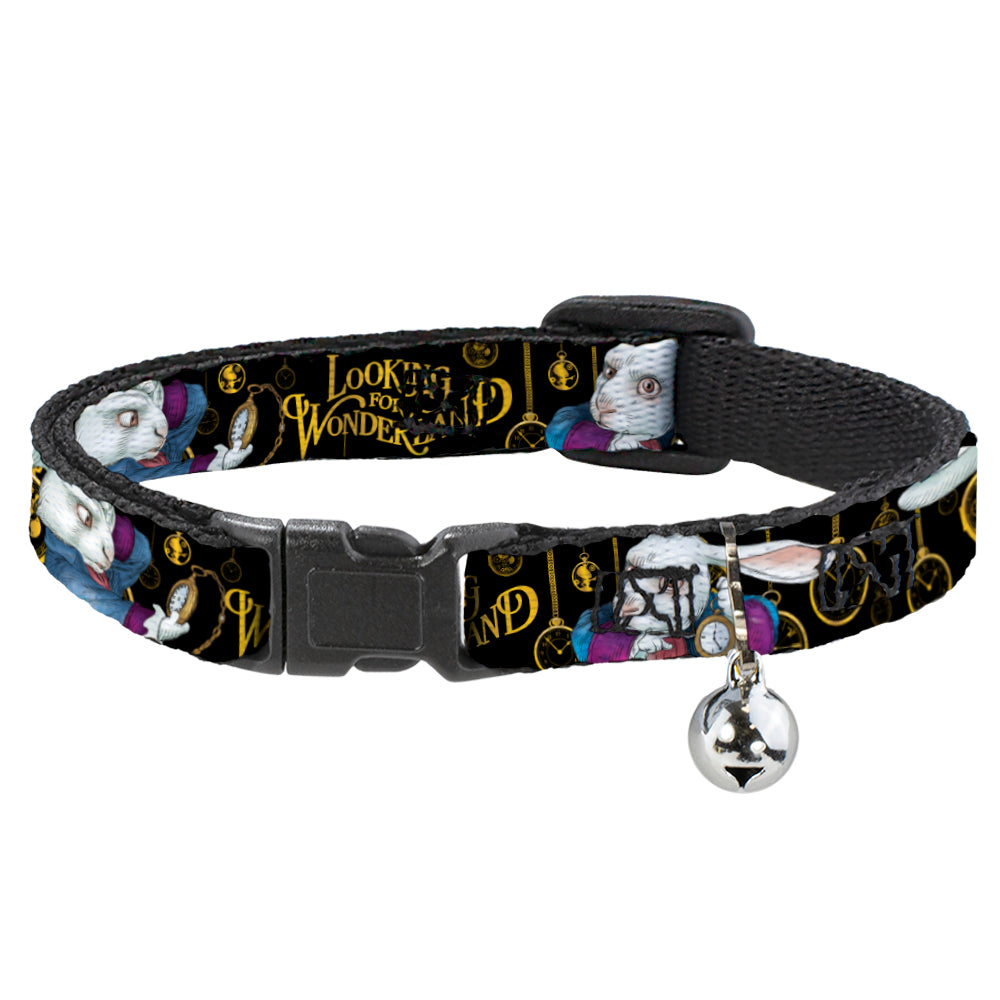 Cat Collar Breakaway - White Rabbit Poses LOOKING FOR WONDERLAND Clocks Black Golds Breakaway Cat Collars Disney   