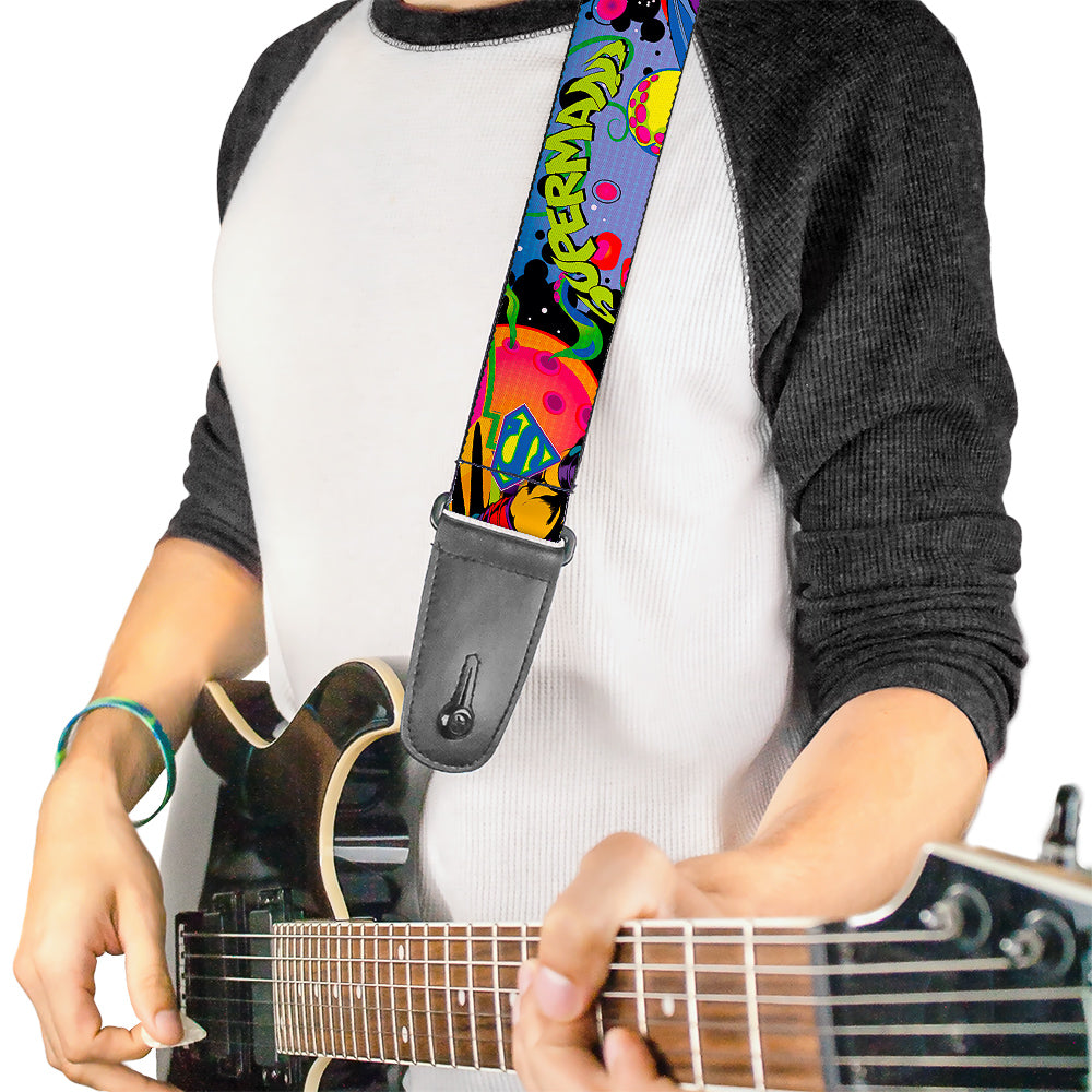 Guitar Strap - SUPERMAN Poses Battling Mongul Black Multi Neon Guitar Straps DC Comics   