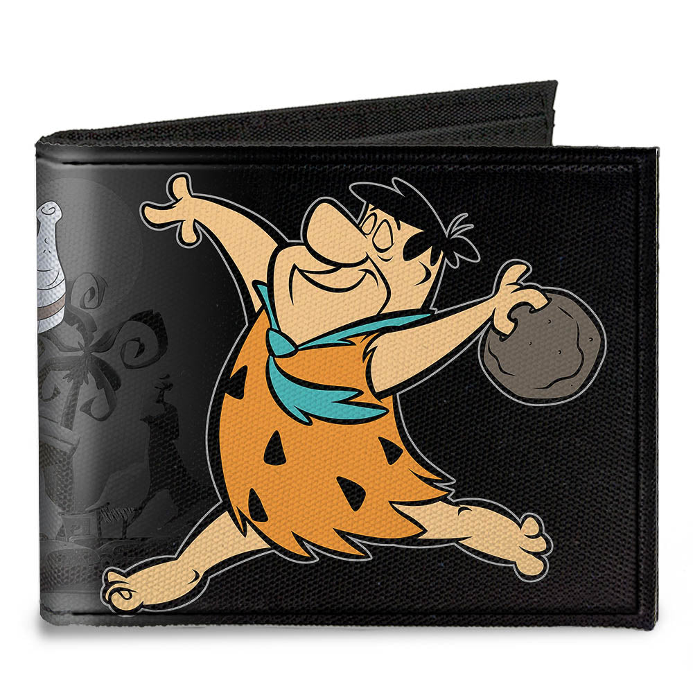 Canvas Bi-Fold Wallet - Fred Bowling Pose + BEDROCK BOWL Bowling Pins Black Grays Canvas Bi-Fold Wallets The Flintstones   