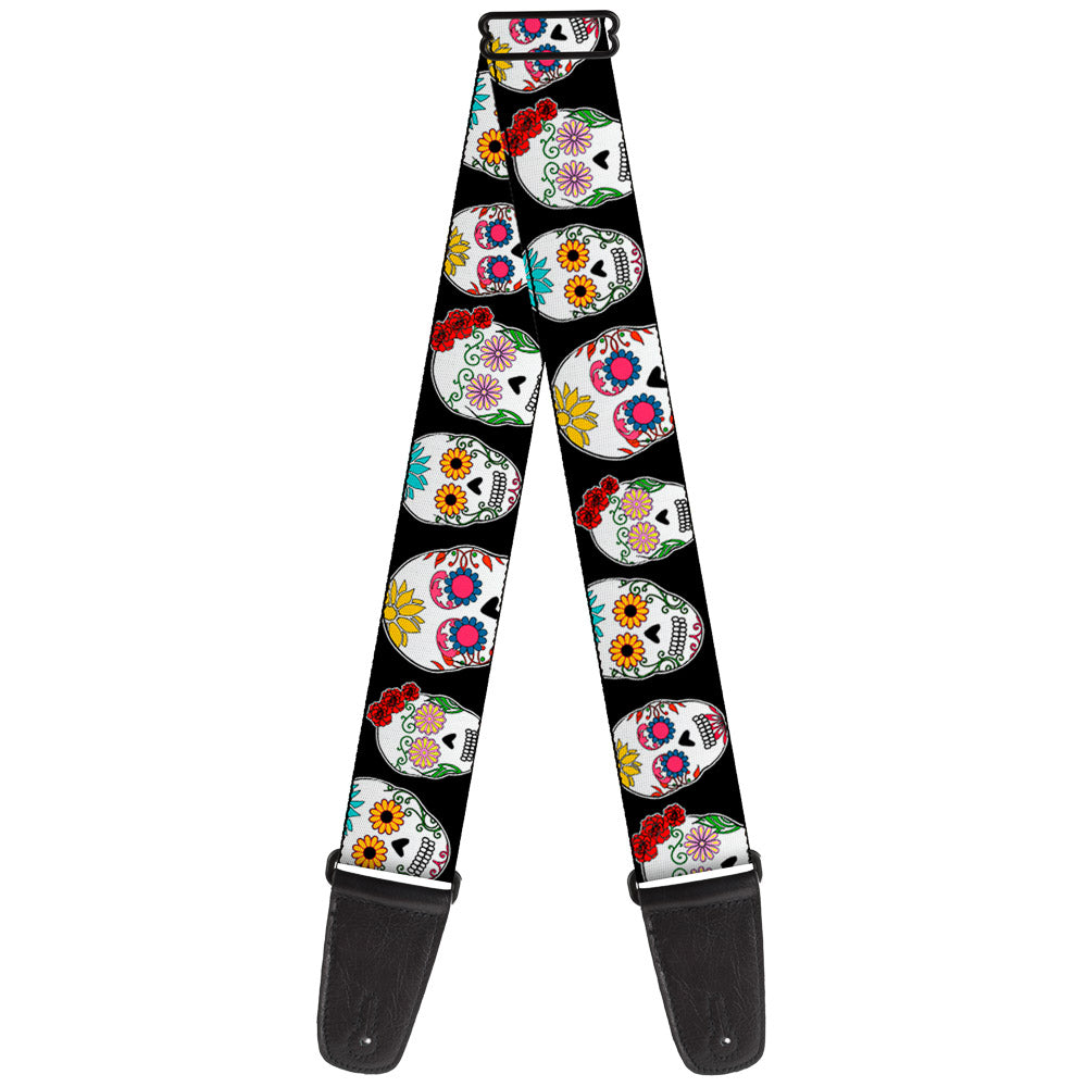 Guitar Strap - Staggered Sugar Skulls CLOSE-UP Black Multi Color Guitar Straps Buckle-Down   