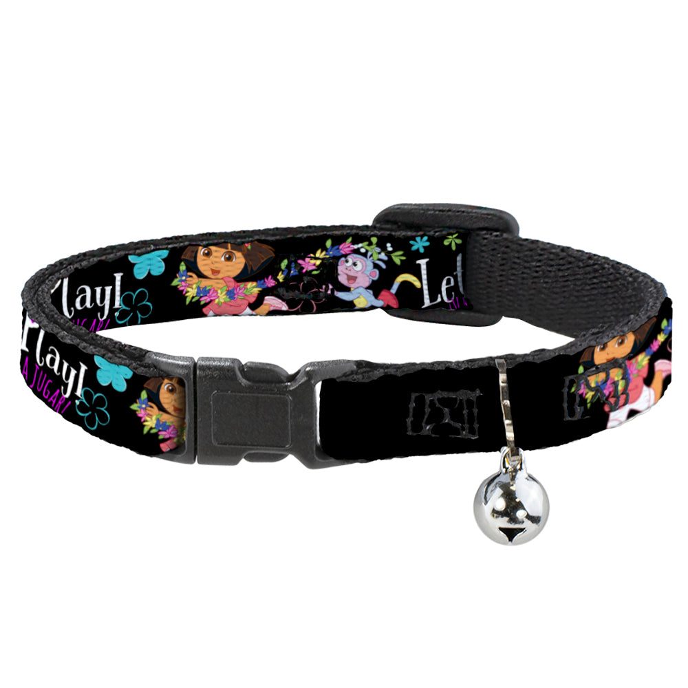 Cat Collar Breakaway with Bell - Dora & Boots Pose Floral LET'S PLAY! VAMOS A JUGAR! Black White Multi Color Breakaway Cat Collars Dora the Explorer
