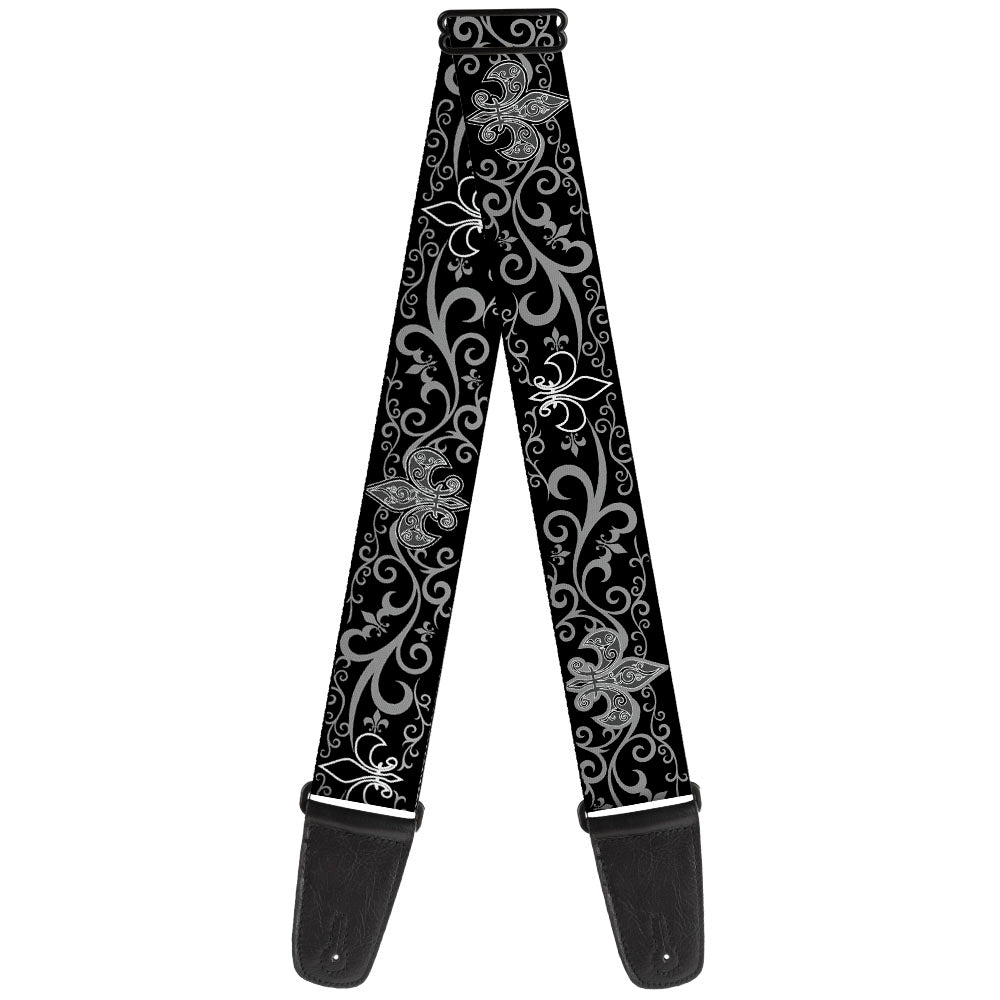Guitar Strap - Fleur-de-Lis w Filigree Black Gray Guitar Straps Buckle-Down   