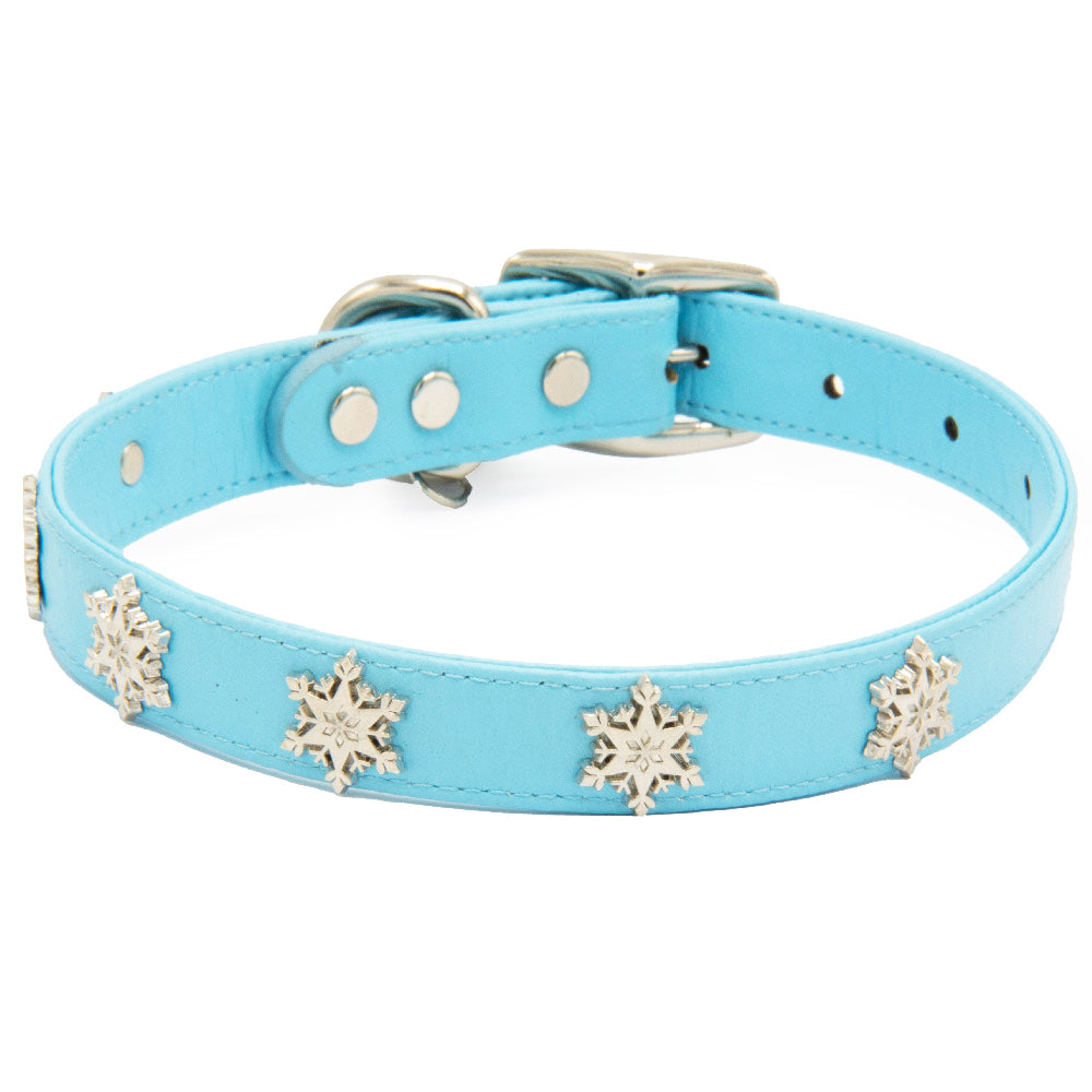 Vegan Leather Dog Collar - Frozen 2 Light Blue PU w Snowflake Embellishments & Metal Charm Imported PU Collars Disney   