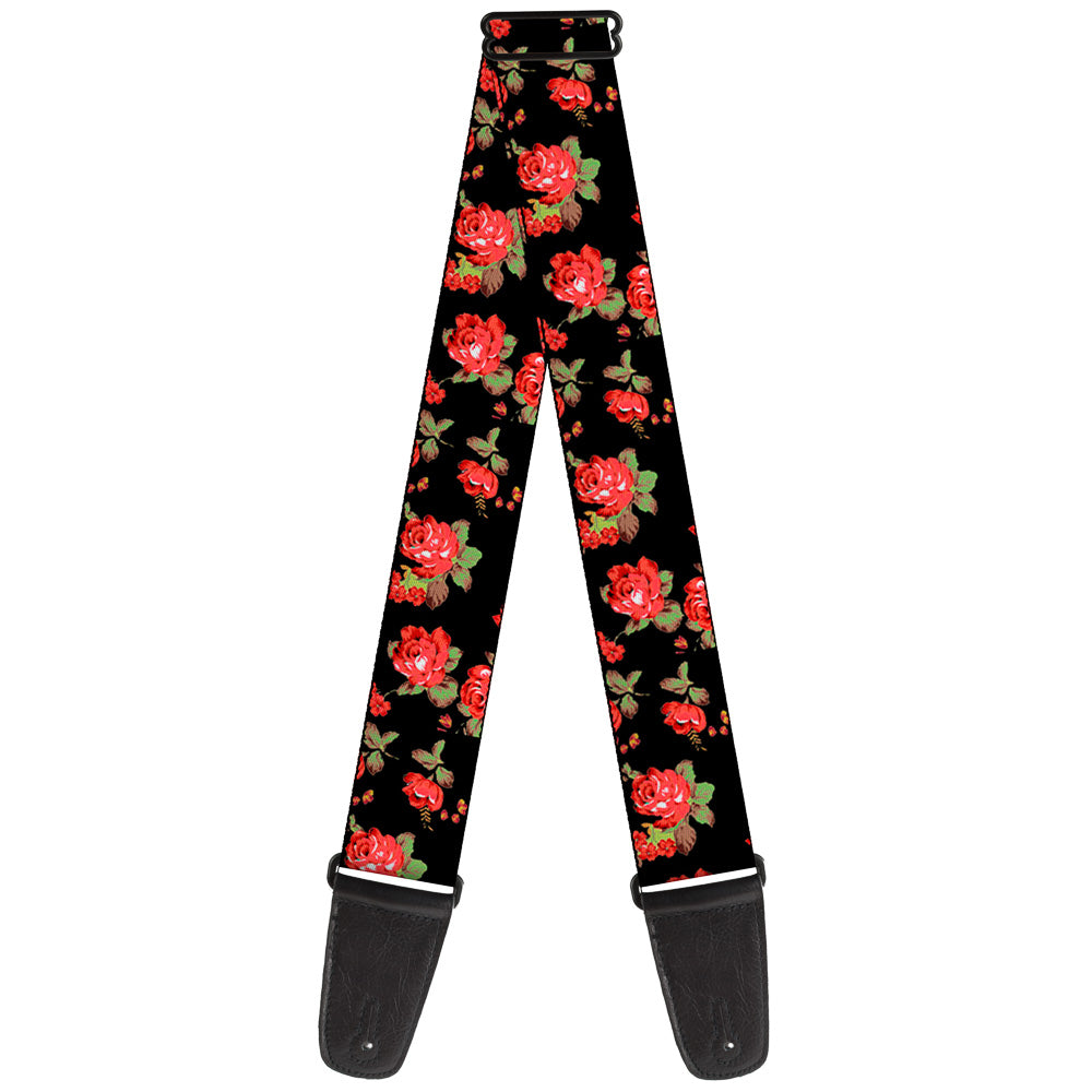Guitar Strap - Red Roses Scattered Black Guitar Straps Buckle-Down   