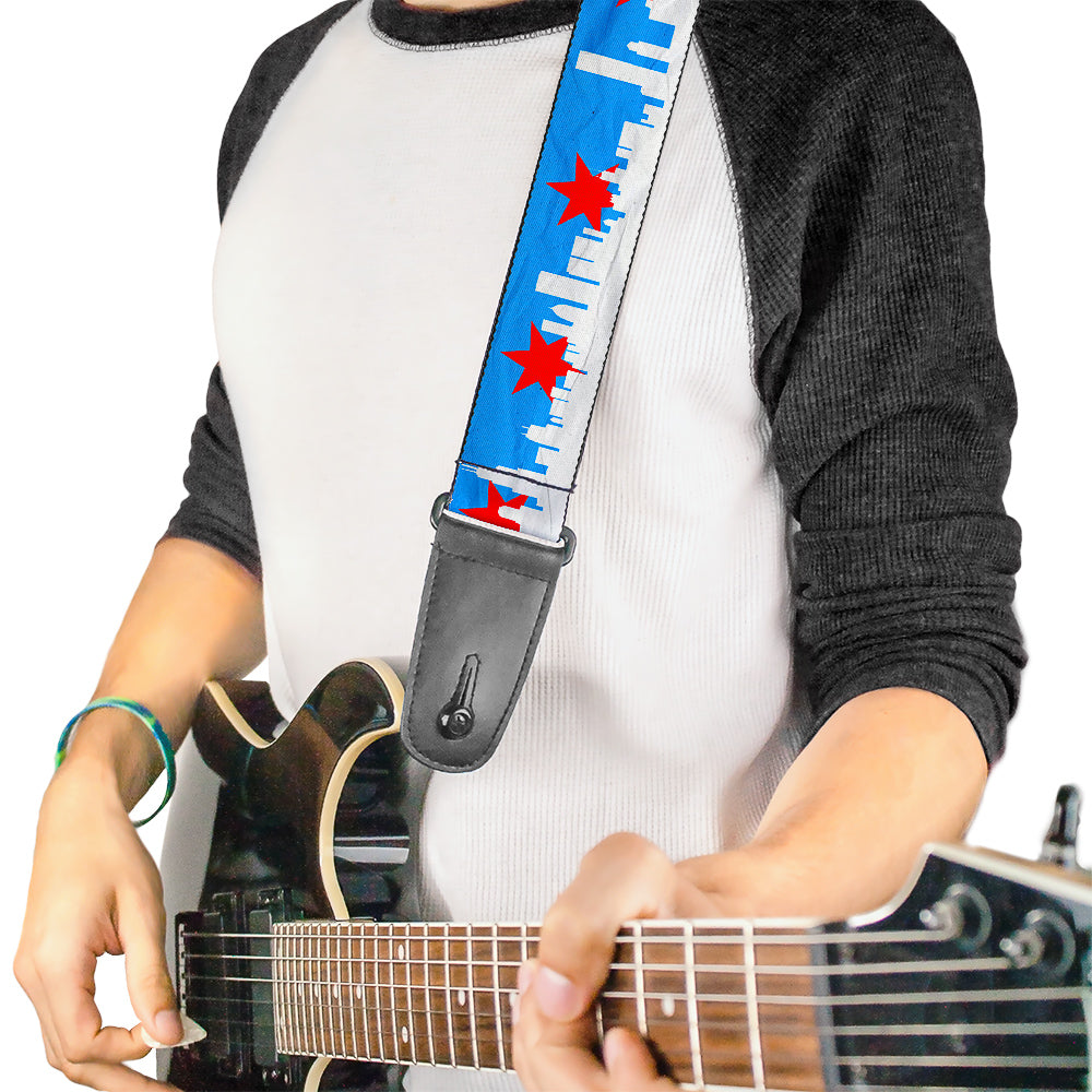 Guitar Strap - Chicago Skyline Flag Distressed Black White Red Guitar Straps Buckle-Down   