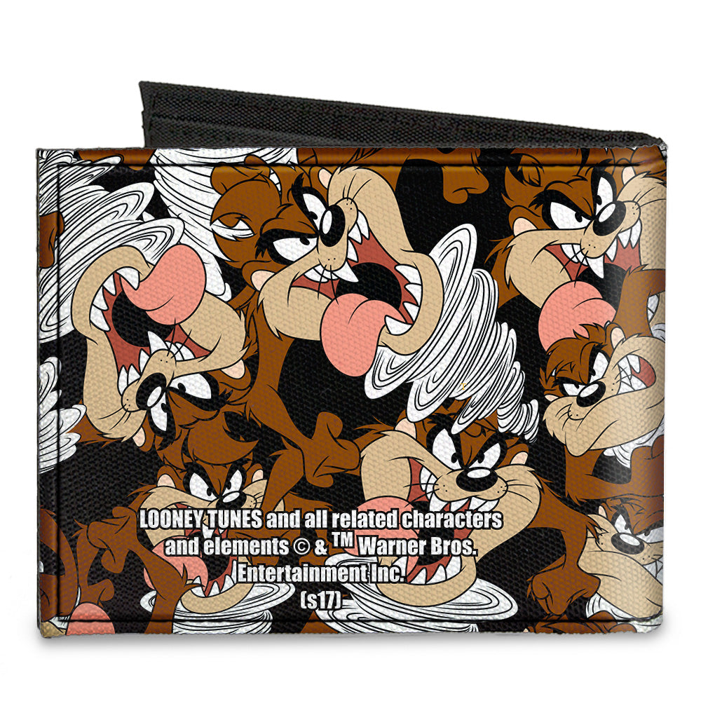 Canvas Bi-Fold Wallet - Tasmanian Devil Vortex Poses Scattered Black Canvas Bi-Fold Wallets Looney Tunes   