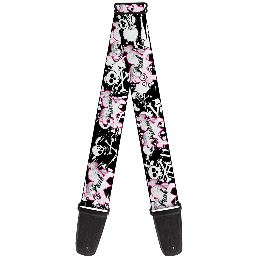 Guitar Strap - Punk Princess Heart & Cross Bones w Skulls & Splatter Black White Guitar Straps Buckle-Down   