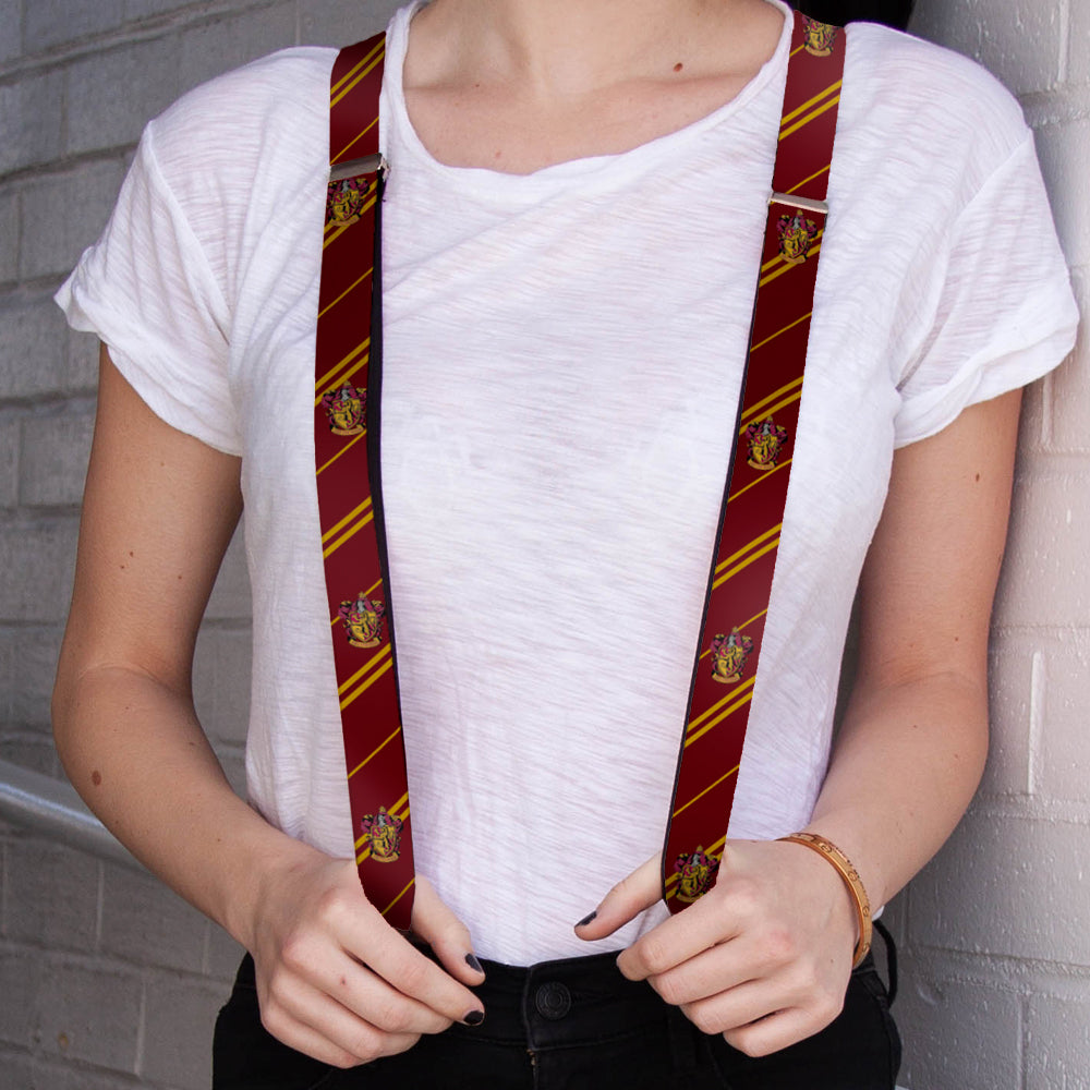 Suspenders - 1.0" - Gryffindor Crest Stripe2 Burgundy Gold Suspenders Harry Potter