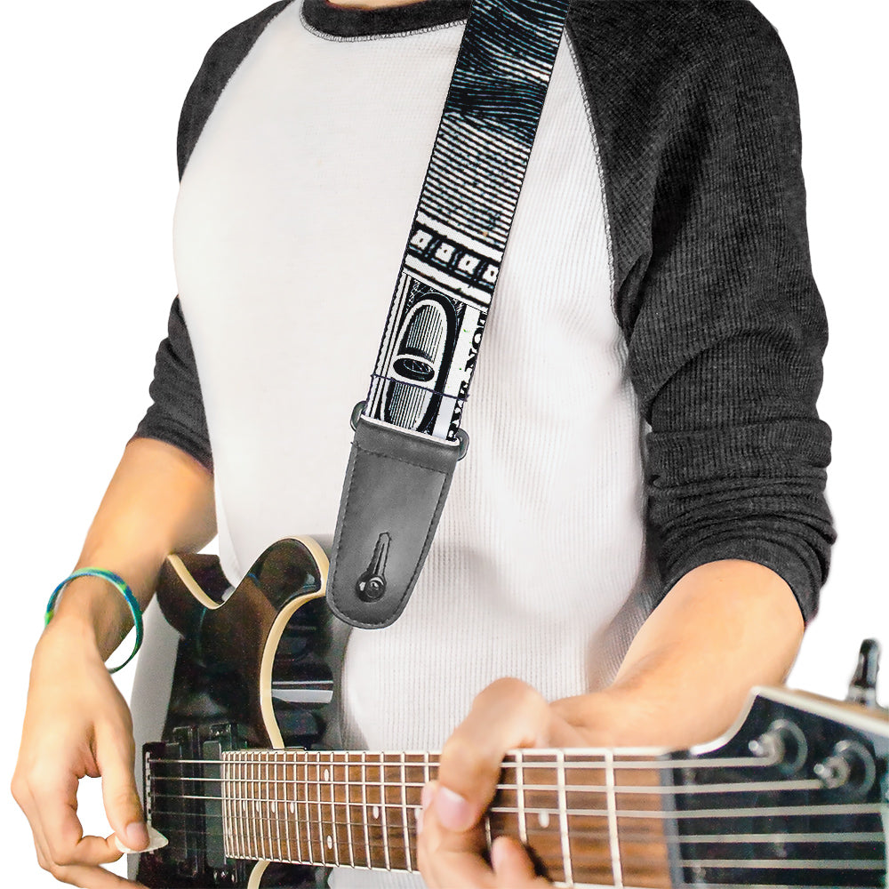 Guitar Strap - 100 Dollar Bill CLOSE-UP White Black Guitar Straps Buckle-Down   