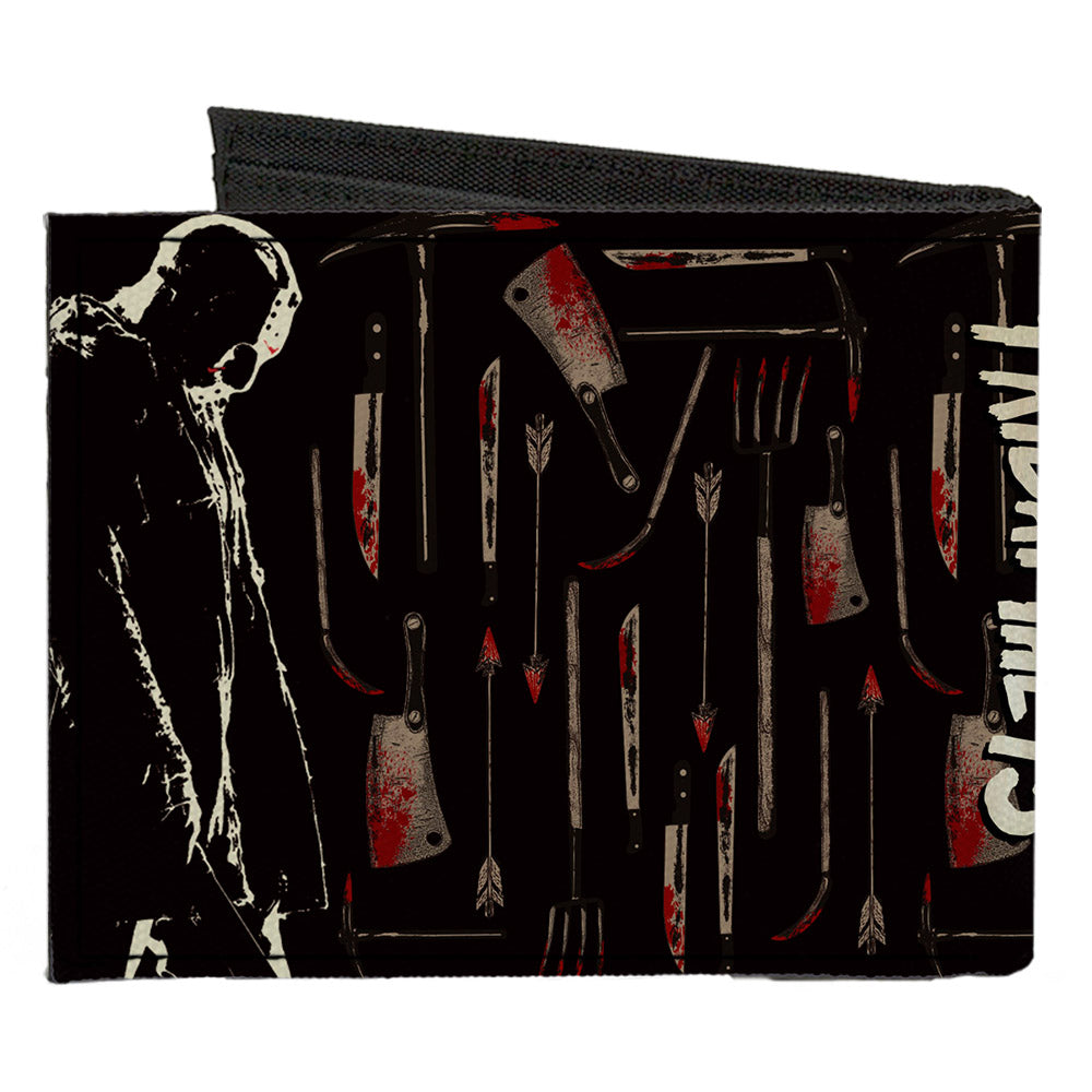 Canvas Bi-Fold Wallet - FRIDAY THE 13TH Jason Machete Pose Bloody Tools Black Grays Reds Canvas Bi-Fold Wallets Friday the 13th