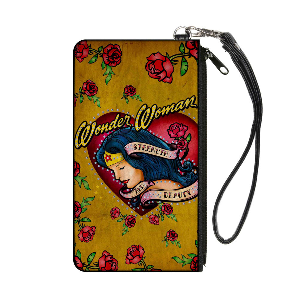 Canvas Zipper Wallet - SMALL - Studded WONDER WOMAN Heart STRENGTH AND BEAUTY Tattoo Roses Gold Canvas Zipper Wallets DC Comics   