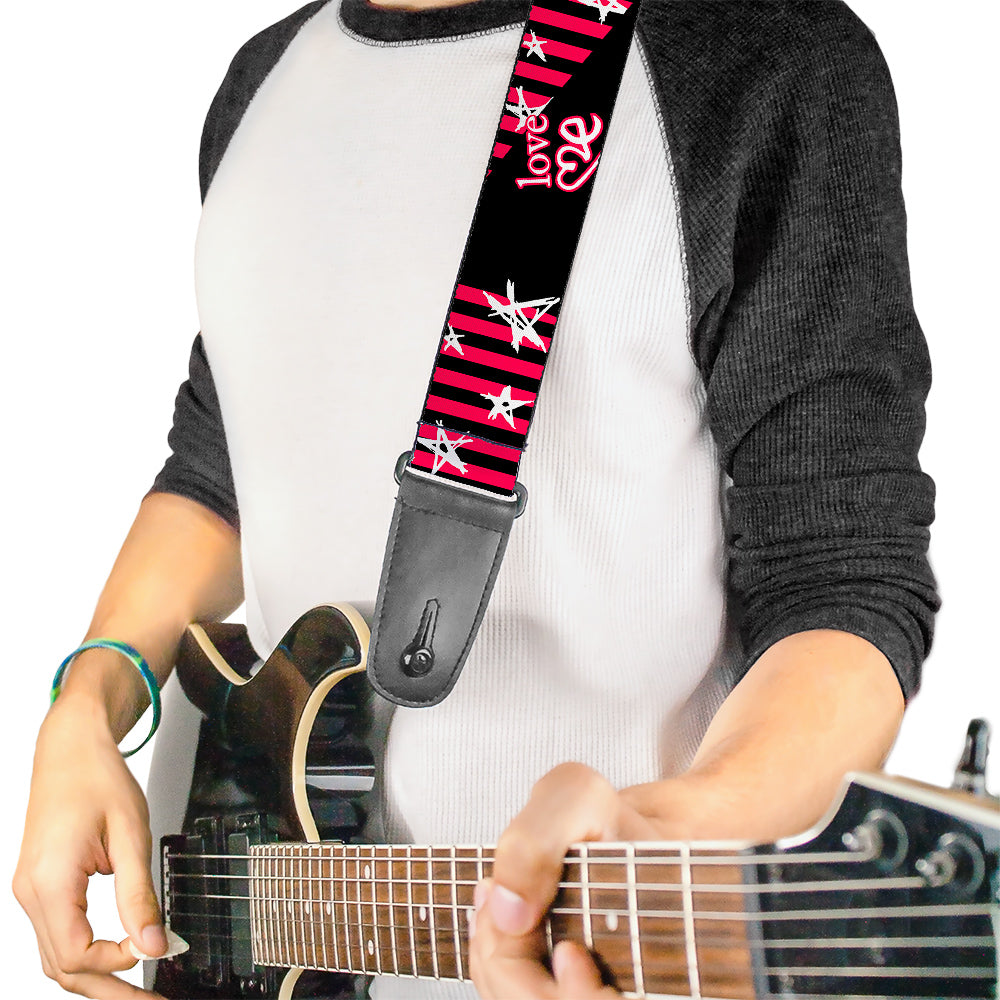 Guitar Strap - Love Me w Sketch Stars & Stripes Black Fuchsia White Guitar Straps Buckle-Down   
