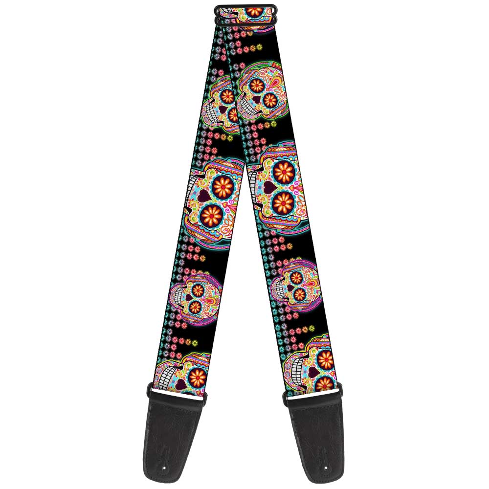 Guitar Strap - Tranquility Beats Calaveras Floral Equalizer Black Multi Color Guitar Straps Thaneeya McArdle   