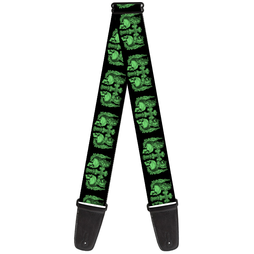 Guitar Strap - BD Skulls w Wings Black Green Guitar Straps Buckle-Down   