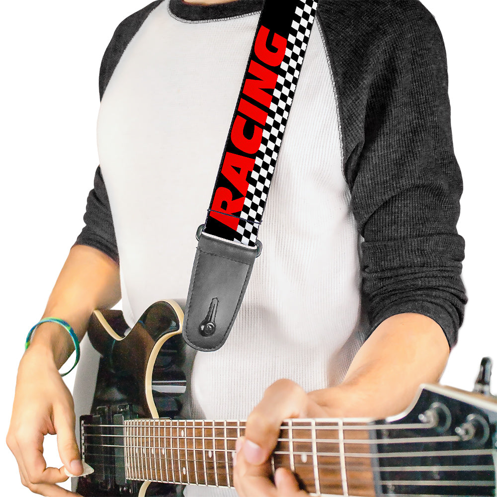 Guitar Strap - RACING w Checker Black White Red Guitar Straps Buckle-Down   