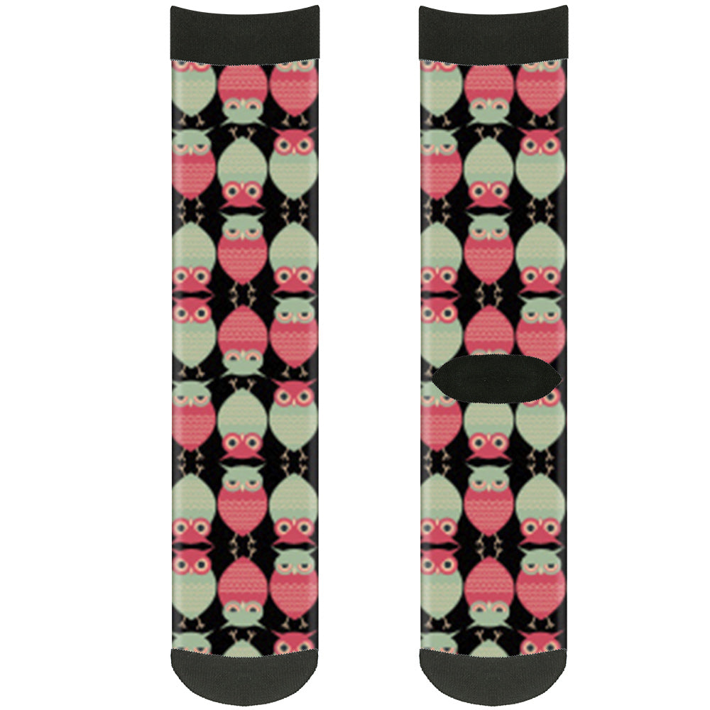 Sock Pair - Polyester - Owls Flip Black Mauve Sage - CREW Socks Buckle-Down   