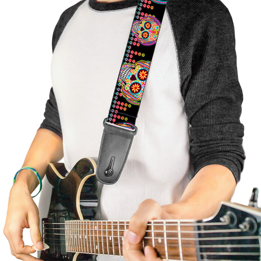 Guitar Strap - Tranquility Beats Calaveras Floral Equalizer Black Multi Color Guitar Straps Thaneeya McArdle   