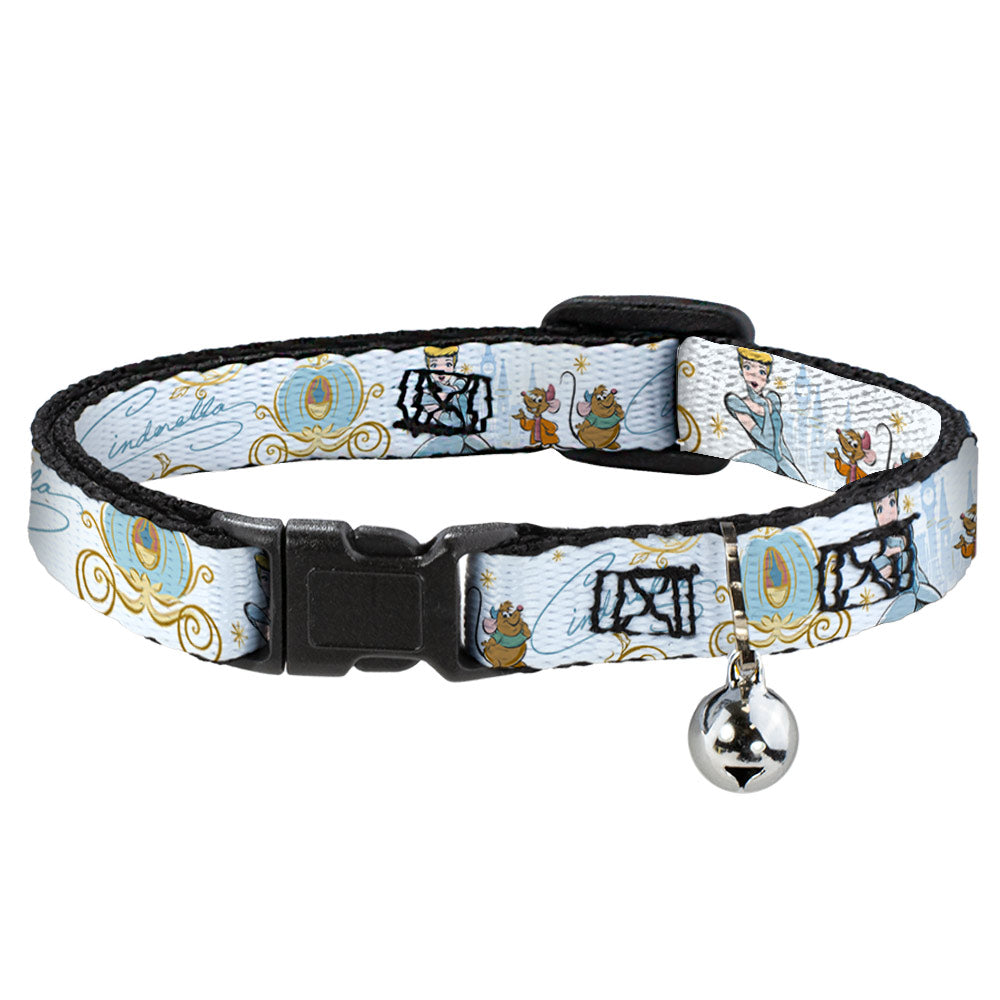 Cat Collar Breakaway with Bell - Cinderella Pumpkin Coach and Mice Pose with Script White Blues - NARROW Fits 8.5-12" Breakaway Cat Collars Disney   