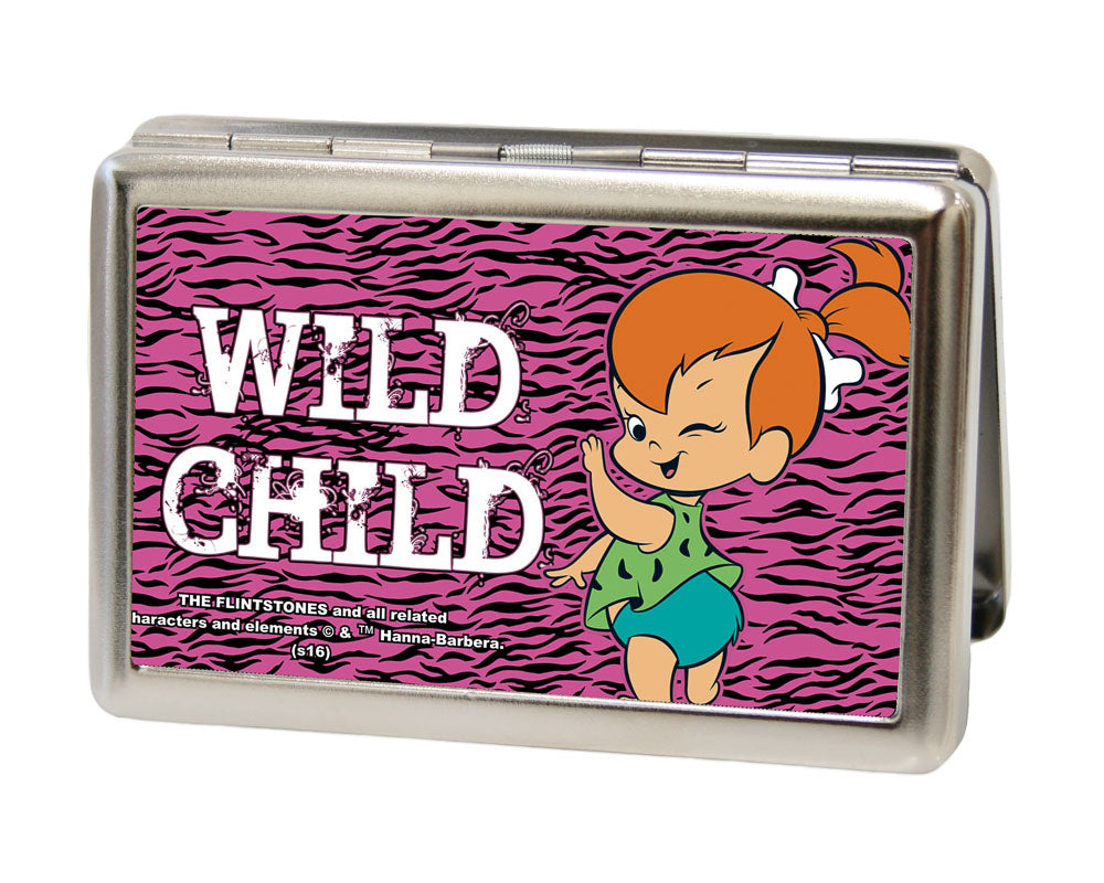 Business Card Holder - LARGE - Pebbles Winking Pose WILD CHILD FCG Pink Black White Metal ID Cases The Flintstones   