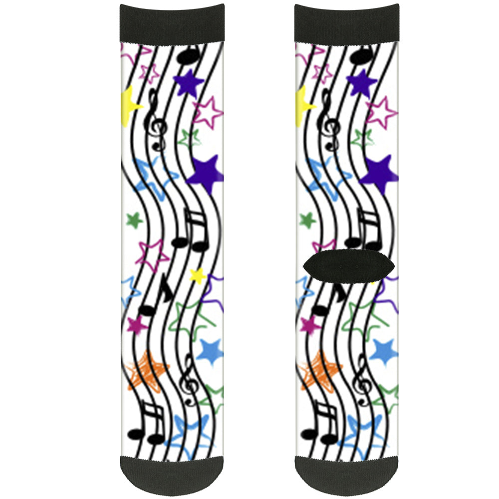 Sock Pair - Polyester - Music Notes Stars White Black Multi Color - CREW Socks Buckle-Down   