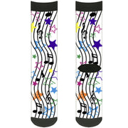 Sock Pair - Polyester - Music Notes Stars White Black Multi Color - CREW Socks Buckle-Down   