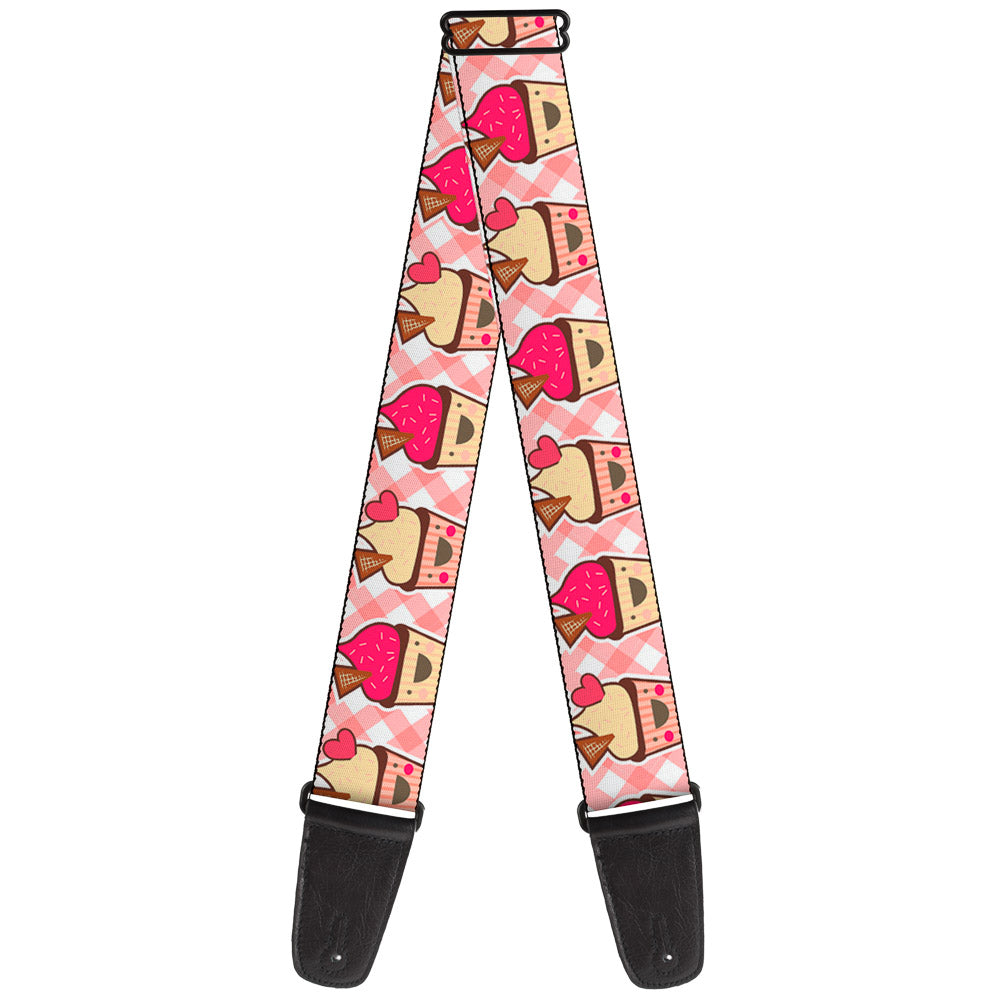 Guitar Strap - Happy Cupcakes Buffalo Plaid White Pink Guitar Straps Buckle-Down   