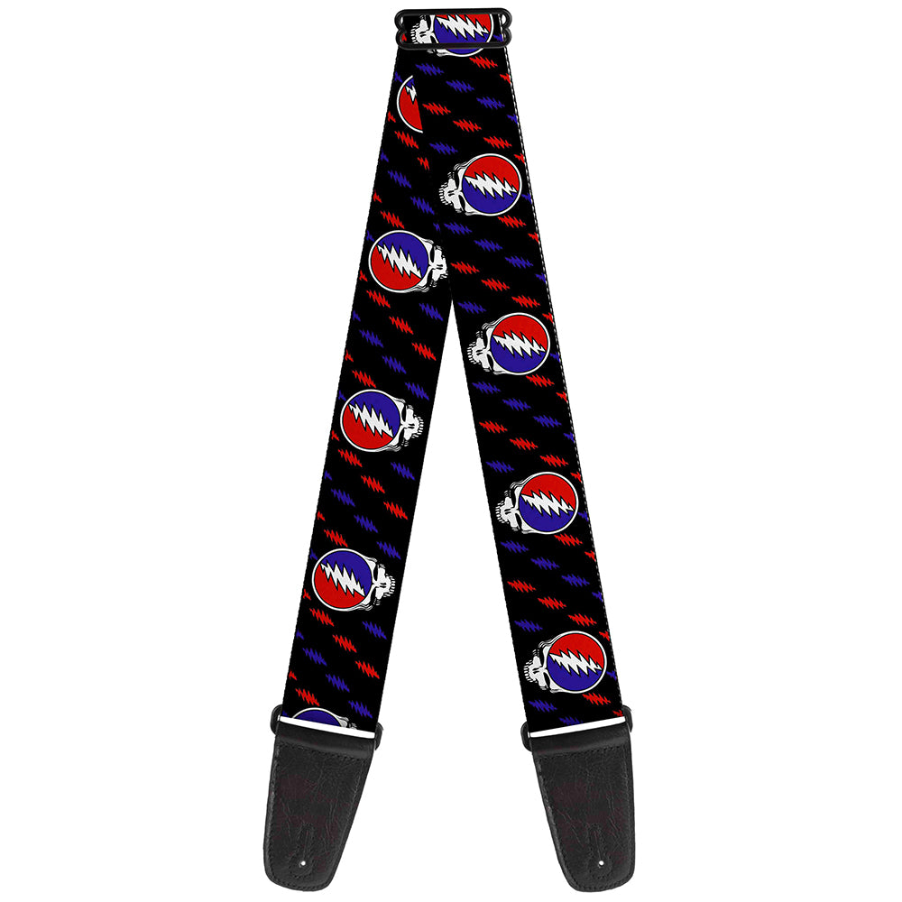 Guitar Strap - Steal Your Face Repeat w Mini Lightning Bolt Black Red White Blue Guitar Straps Grateful Dead   