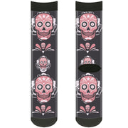 Sock Pair - Polyester - Sugar Skulls Gray Pink - CREW Socks Buckle-Down   